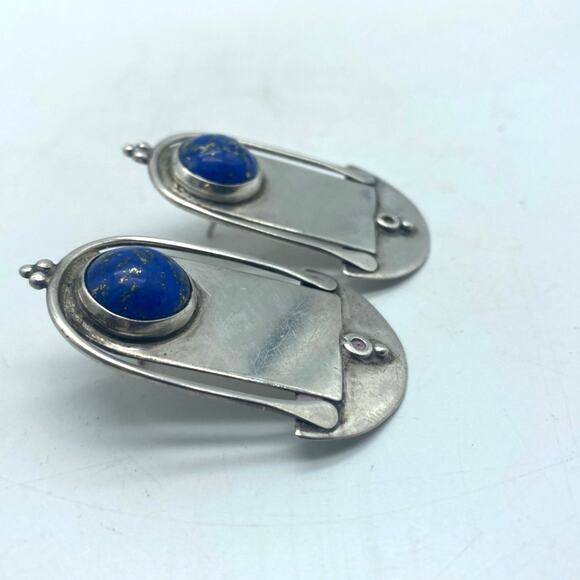 Modernist Sterling and Lapis Lazuli Katherine Palmer pierced Earrings‎ signed - Picture 4 of 7
